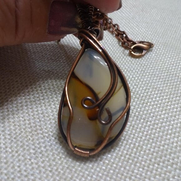 Rustic MONTANA AGATE Handmade COPPER WIRE-WRAPPED Pendant/Chain #211C - Picture 3 of 3